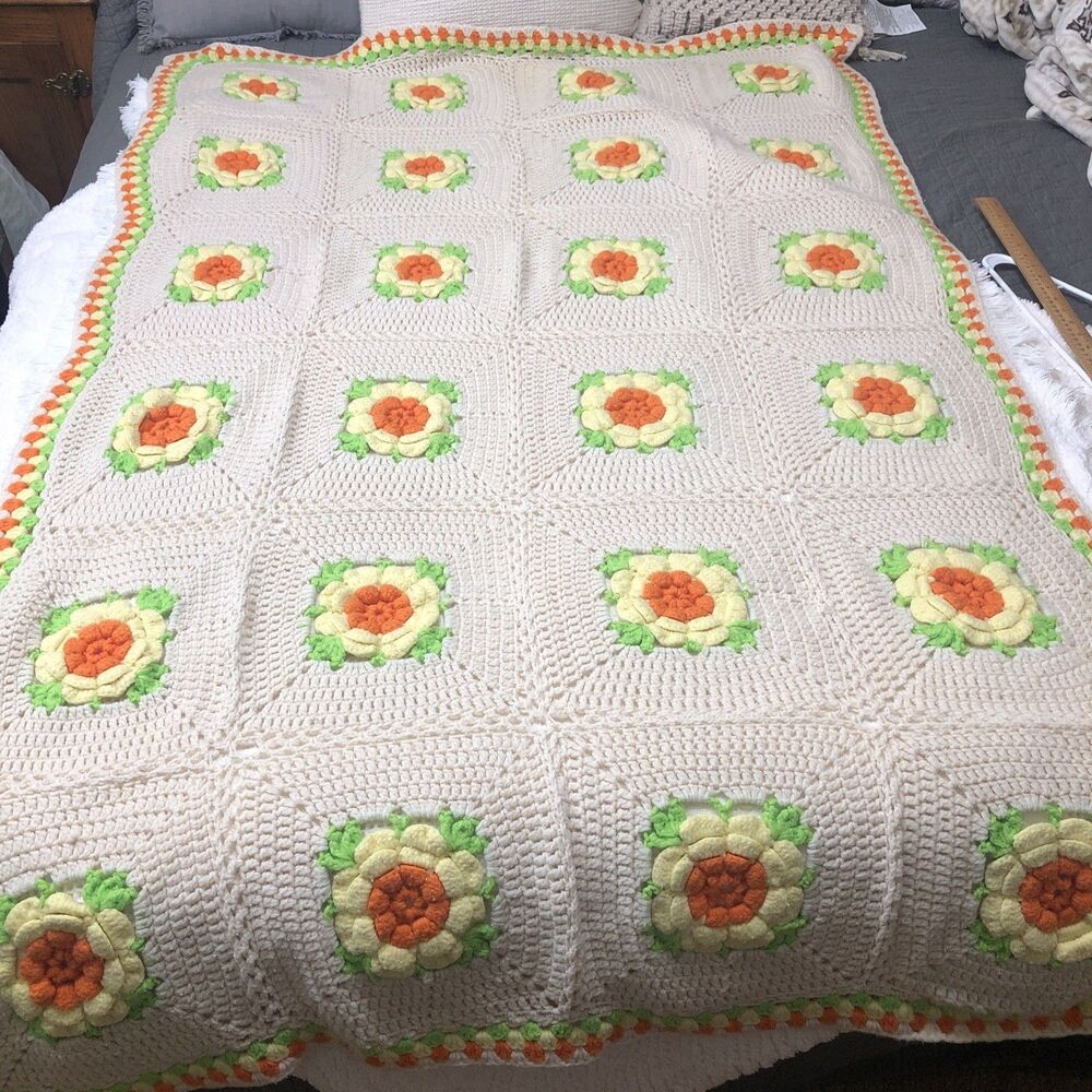 Crochet Afghan Blanket 3D Rose Throw Handmade Granny Square 70s Decor 42” x 68”